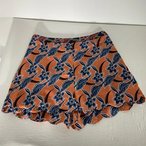 Topshop Floaty Short Orange w/Blue Floral Design Side Zipper Scalloped Hem Sz 4 - Picture 10 of 14